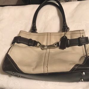 Brown and white classic small Coach purse